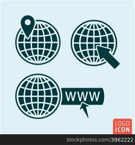 Globe icon. Globe with map pointer, location mark, internet sign. Vector illustration