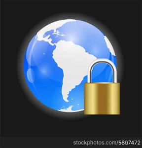 Globe Icon with Protection Lock Vector Illustration