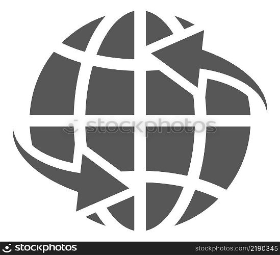 Globe icon with round motion arrows. Around world symbol isolated on white background. Globe icon with round motion arrows. Around world symbol