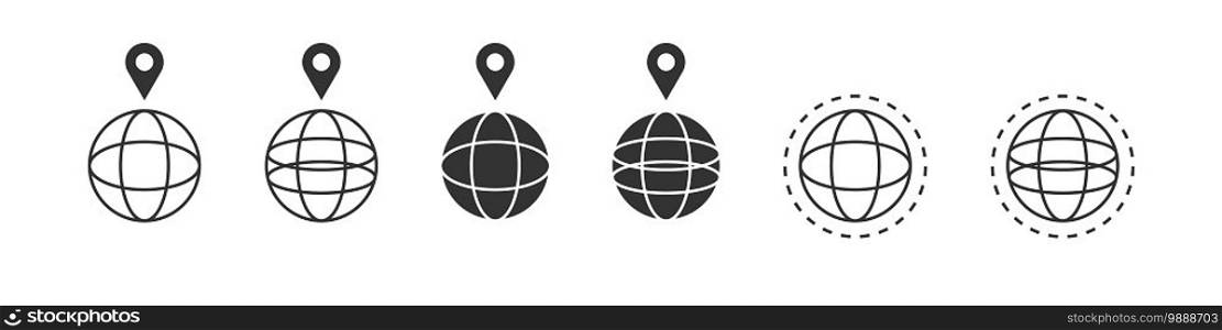 Globe icons. Globe with pointer. World international earth globe icon set. Linear style. Vector illustration