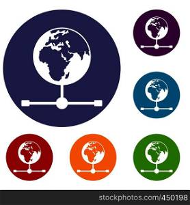 Globe icons set in flat circle reb, blue and green color for web. Globe icons set