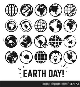 Globe icons set. World earth day card with globe map internet global commerce tourism gray vector symbols. Globe icons set. World earth day card with globe map internet global commerce tourism vector symbols