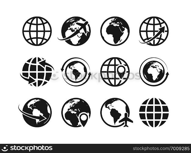 Globe icons set. World earth globe map internet global commerce tourism vector symbols set. Globe icons set. World earth globe map internet global commerce tourism vector symbols