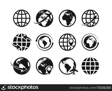 Globe icons set. World earth globe map internet global commerce tourism vector symbols set. Globe icons set. World earth globe map internet global commerce tourism vector symbols
