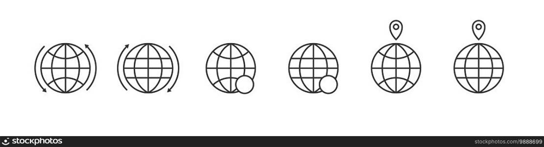 Globe icons. World international earth globe icon set. Linear style. Vector illustration
