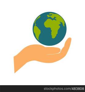Globe in hand flat icon. Colorful ecology symbol isolated on white background. Globe in hand flat icon
