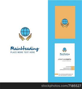 Globe in hands Creative Logo and business card. vertical Design Vector