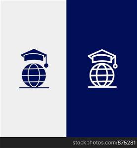 Globe, Internet, Online, Graduation Line and Glyph Solid icon Blue banner