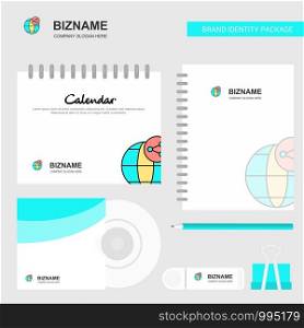 Globe Logo, Calendar Template, CD Cover, Diary and USB Brand Stationary Package Design Vector Template