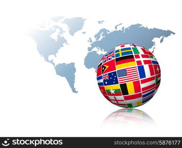 Globe made out of flags on a world map background. Vector.