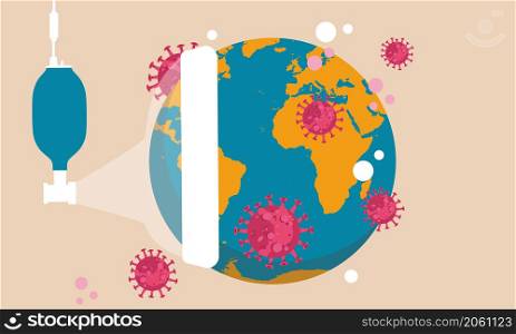 Globe map Earth with medical mask covid virus concept. Coronavirus critical epidemic health infection vector illustration. Warning biohazard virology bacterium planet. Risk covid 19 global