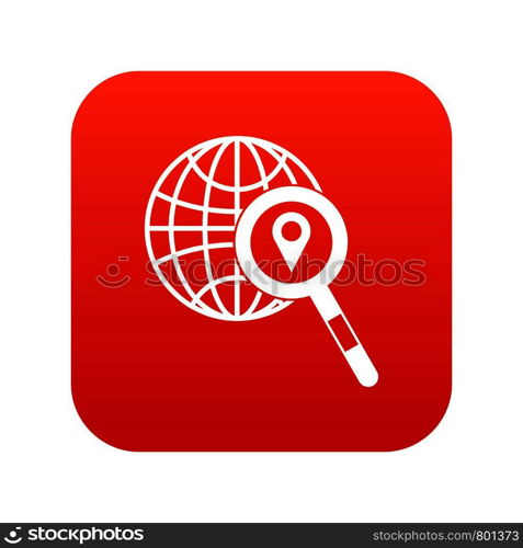 Globe, map pointer and magnifying glass icon digital red for any design isolated on white vector illustration. Globe, map pointer and magnifying glass