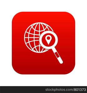 Globe, map pointer and magnifying glass icon digital red for any design isolated on white vector illustration. Globe, map pointer and magnifying glass