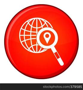 Globe, map pointer and magnifying glass icon in red circle isolated on white background vector illustration. Globe, map pointer and magnifying glass