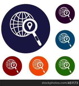 Globe, map pointer and magnifying glass icons set in flat circle reb, blue and green color for web. Globe, map pointer and magnifying glass