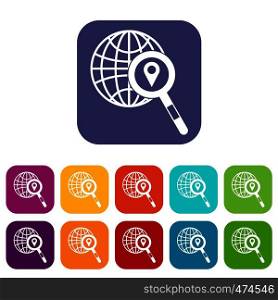 Globe, map pointer and magnifying glass icons set vector illustration in flat style In colors red, blue, green and other. Globe, map pointer and magnifying glass