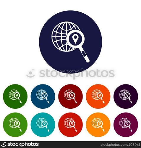 Globe, map pointer and magnifying glass set icons in different colors isolated on white background. Globe, map pointer and magnifying glass