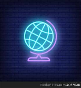 Globe neon sign. Blue globe on stand. Night bright advertisement. Vector illustration in neon style for geography and knowledge