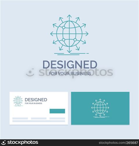 globe, network, arrow, news, worldwide Business Logo Line Icon Symbol for your business. Turquoise Business Cards with Brand logo template