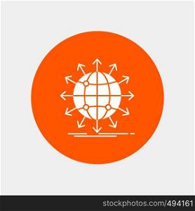 globe, network, arrow, news, worldwide White Glyph Icon in Circle. Vector Button illustration. Vector EPS10 Abstract Template background