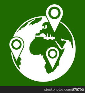 Globe of network icon white isolated on green background. Vector illustration. Globe of network icon green