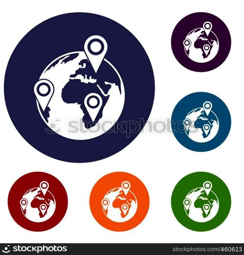 Globe of network icons set in flat circle reb, blue and green color for web. Globe of network icons set