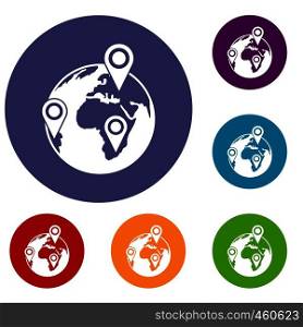 Globe of network icons set in flat circle reb, blue and green color for web. Globe of network icons set