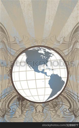 Globe on detailed floral and ray background. All elements on separate layer, easily edited.
