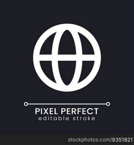 Globe pixel perfect white linear ui icon for dark theme. Choose language. Software settings. Vector line pictogram. Isolated user interface symbol for night mode. Editable stroke. Poppins font used. Globe pixel perfect white linear ui icon for dark theme