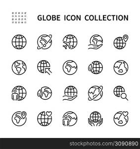 Globe related outline vector linear icons set. Premium pack. Thin line vector icons for website design and development. Isolated collection of globe for mobile concept and web apps.. Globe related outline vector linear icons set. Isolated icon collection on white background. Globe symbol vector set.
