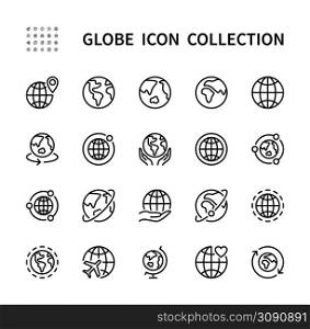 Globe related outline vector linear icons set. Premium pack. Line vector icons for website design and development, app development. Collection of globe icon for mobile concept and web apps.. Globe related outline vector line icons. Isolated collection of globe icons on white background. Vector icon symbol set.