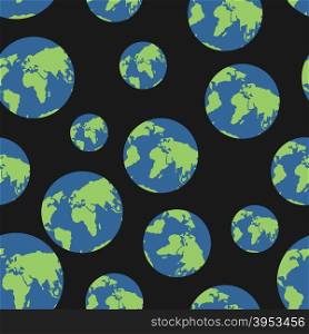 Globe seamless pattern. Globes of earth background. Planets o black background. Ornament of heavenly bodies. satin ornament endless. World map geography