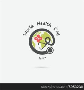 Globe sign and stethoscope vector logo design template.World Health Day icon.World Health Day idea campaign concept for greeting card and poster.Vector illustration