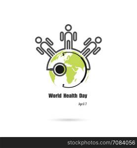 Globe sign,human icon and stethoscope vector logo design template.World Health Day icon.World Health Day idea campaign concept for greeting card and poster.Vector illustration