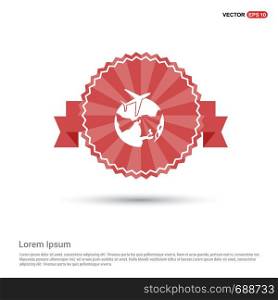 Globe vector icon with plane - Red Ribbon banner