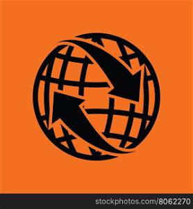 Globe with arrows icon. Orange background with black. Vector illustration.