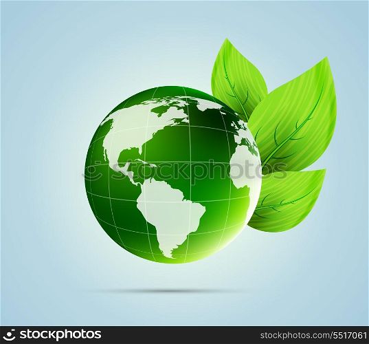 Globe with leaves. Ecology concept. Vecotr illustration. Sphere with map. Save the world
