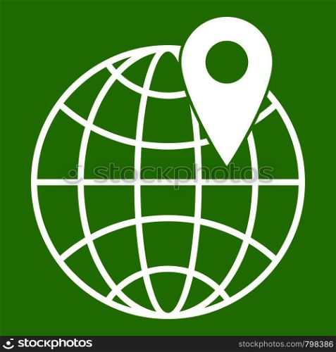 Globe with pin icon white isolated on green background. Vector illustration. Globe with pin icon green
