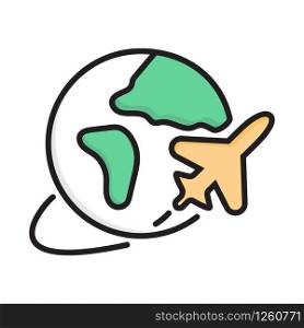 Globe with plane. Travel icon vector in outline style. World trip sign for website, infographic, agency. Tourism simple illustration.. Globe with plane. Travel icon vector in outline style. World trip sign for website, infographic, agency. Tourism simple