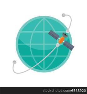 Globe with Satellite. Globe with satellite icon. Global communication concept. Satellite connection. Blue symbols of the planet. Abstract globe symbol. Earth icon. White and blue icon in line design. Vector illustration