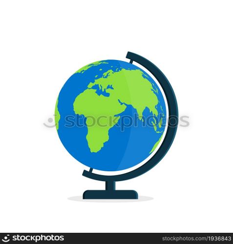 Globe with stand. World on globus for classroom and school. Icon of map on desk. Model of earth with axis. Flat globe isolated on white background. Icon for education, travel and geography. Vector.. Globe with stand. World on globus for classroom and school. Icon of map on desk. Model of earth with axis. Flat globe isolated on white background. Icon for education, travel and geography. Vector