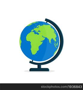 Globe with stand. World on globus for classroom and school. Icon of map on desk. Model of earth with axis. Flat globe isolated on white background. Icon for education, travel and geography. Vector.. Globe with stand. World on globus for classroom and school. Icon of map on desk. Model of earth with axis. Flat globe isolated on white background. Icon for education, travel and geography. Vector