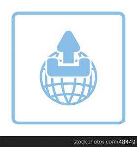 Globe with upload symbol icon. Blue frame design. Vector illustration.
