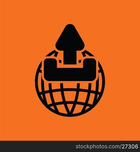 Globe with upload symbol icon. Orange background with black. Vector illustration.