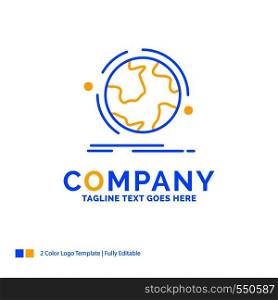 globe, world, discover, connection, network Blue Yellow Business Logo template. Creative Design Template Place for Tagline.