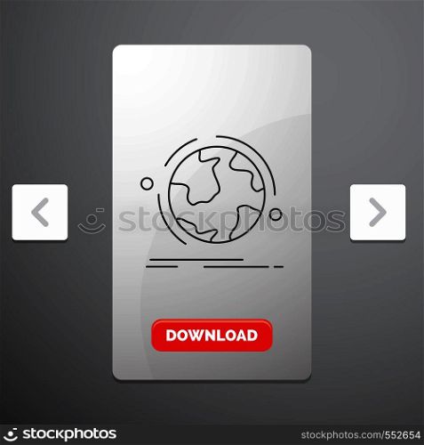 globe, world, discover, connection, network Line Icon in Carousal Pagination Slider Design & Red Download Button. Vector EPS10 Abstract Template background