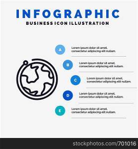 Globe, World, Internet, Hotel Blue Infographics Template 5 Steps. Vector Line Icon template