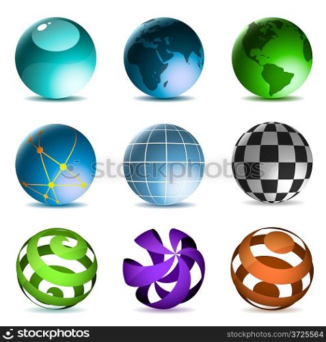 Globes and spheres icons set isolated on white background.