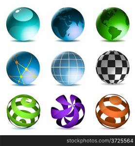 Globes and spheres icons set isolated on white background.