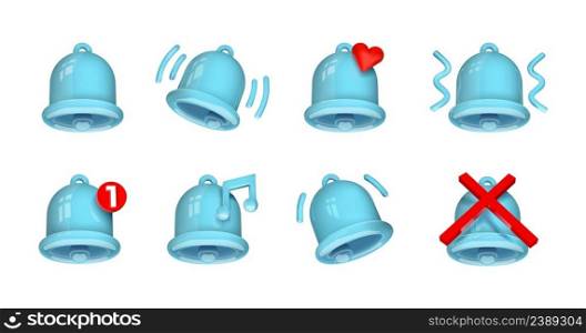 Glossy 3D bell icon. Realistic notification handbell. Ringing blue doorbell. Social media message reminder. Alert sound. Attention and subscription symbols. Vector isolated app interface signs set. Glossy 3D bell icon. Realistic notification handbell. Ringing doorbell. Social media message reminder. Alert sound. Attention and subscription symbols. Vector app interface signs set